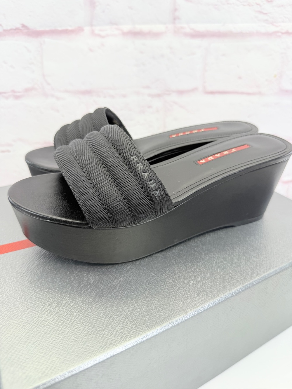 Prada Y2K Sport Black Quilted Mesh Slide Wedge 37